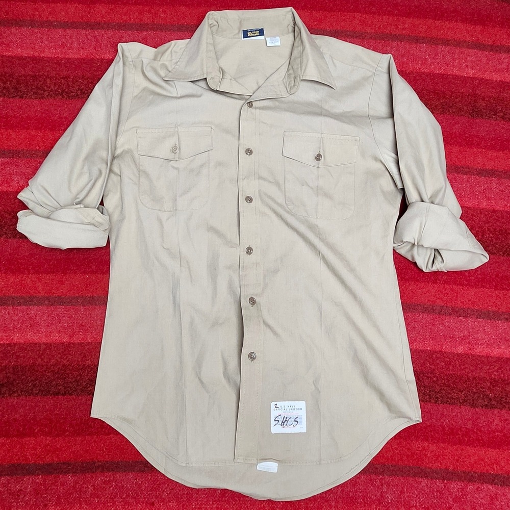 Vintage US Navy Utility Military Shirt Large Creighton Khaki Poplin Tactical